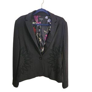Desigual Black Flocked 1 Button Designer Floral Lined Blazer Size 40